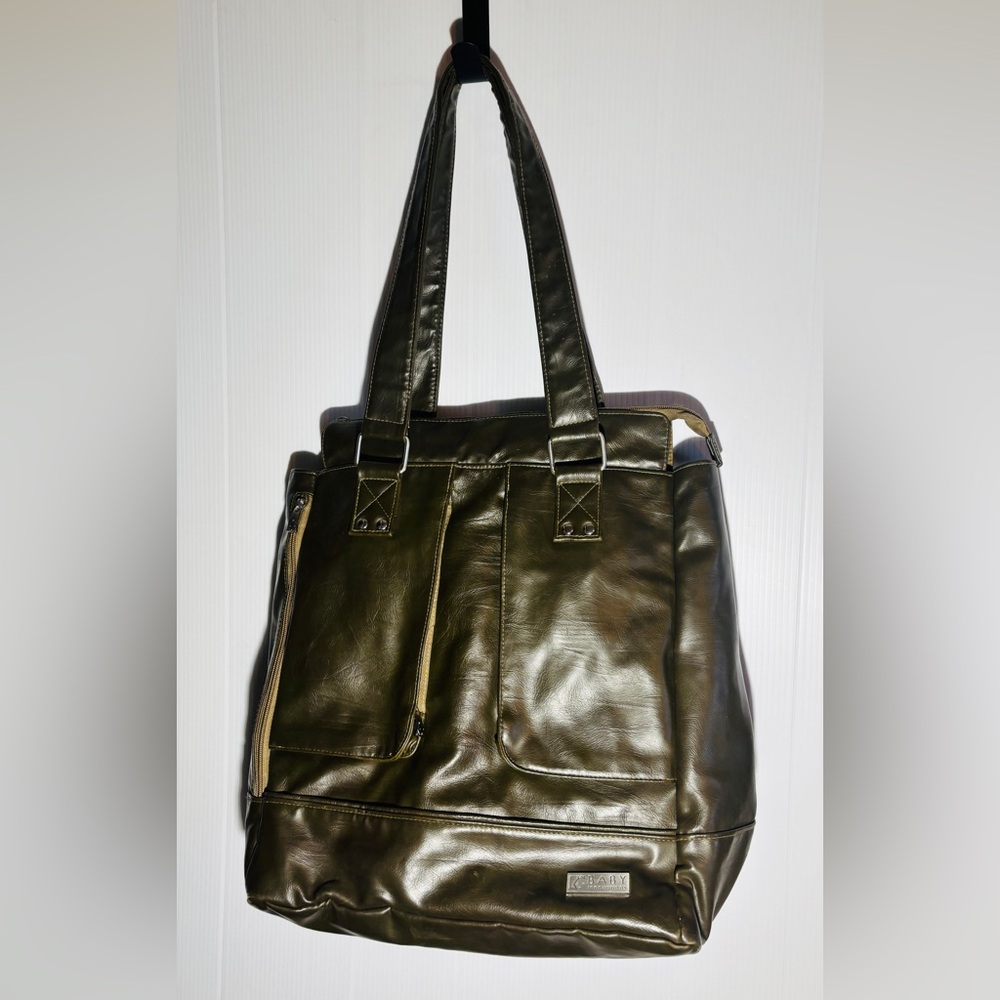 Dark Green Faux Leather Diaper Bag Large Baby Tote Multi Pocket Shoulder Bag
